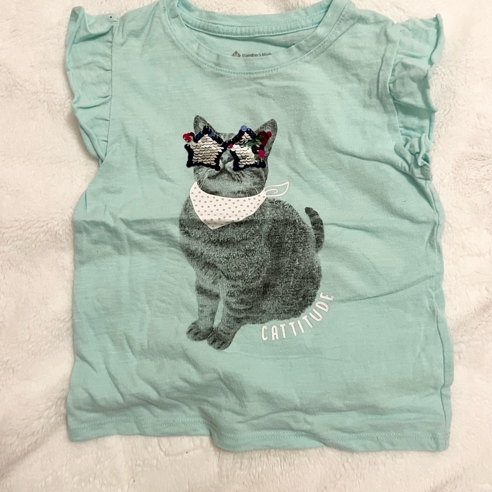 Mint Green Cat Graphic Short Sleeve Tee for Kids